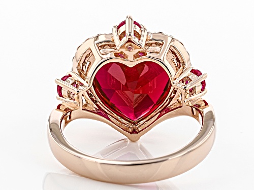 5.45ctw Heart Shape & Round Lab Created Ruby, .17ctw Zircon 18k Rose Gold Over Silver Ring - Size 8
