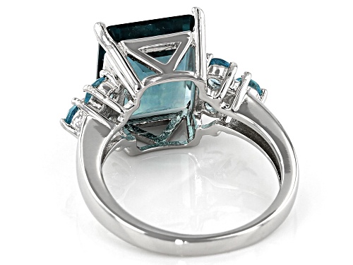 6.18CT EMERALD CUT TEAL FLUORITE & .62CTW BLUE APATITE RHODIUM OVER STERLING SILVER RING - Size 7