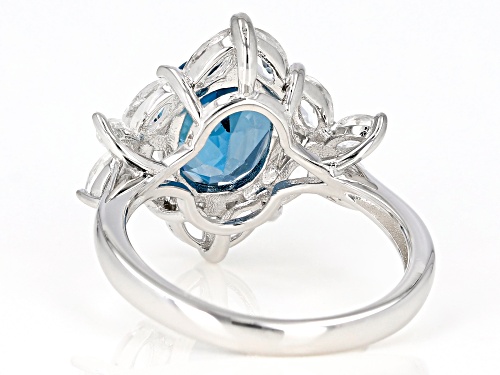 3.40CT OVAL LONDON BLUE TOPAZ & 1.37CTW MARQUISE WHITE TOPAZ RHODIUM OVER SILVER RING - Size 8