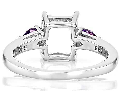 Semi-Mount 9x7mm Emerald Cut Rhodium Plated Sterling Silver Ring with Amethyst Accent 0.26Ctw - Size 9