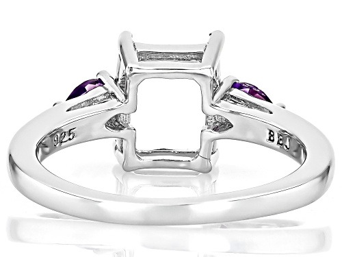 Semi-Mount 9x7mm Emerald Cut Rhodium Plated Sterling Silver Ring with Amethyst Accent 0.26Ctw - Size 10