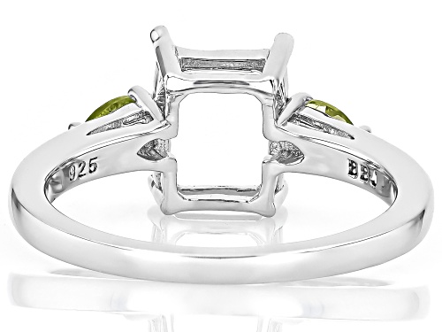 Semi-Mount 9x7mm Emerald Cut Rhodium Plated Sterling Silver Ring with Peridot Accent 0.27Ctw - Size 10