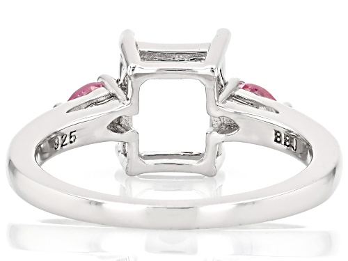 Semi-Mount 9x7mm Emerald Cut Rhodium Plated Sterling Silver Ring with Pink Spinel Accent 0.21Ctw - Size 8