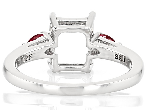 Semi-Mount 9x7mm Emerald Cut Rhodium Plated Sterling Silver Ring with Garnet Accent 0.26Ctw - Size 6