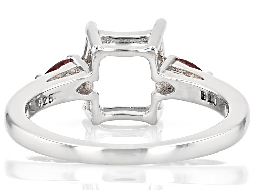 Semi-Mount 9x7mm Emerald Cut Rhodium Plated Sterling Silver Ring with Garnet Accent 0.27Ctw - Size 8