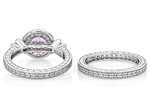 Brazilian Amethyst Round 7mm and Lab White Sapphire Platinum Over Sterling Silver Ring Set 1.97ctw - Size 7