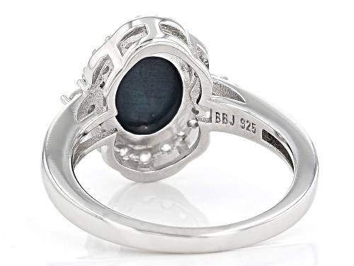 10x8mm Oval Star Blue Sapphire With 0.39ctw White Zircon Rhodium Over Sterling Silver Ring - Size 9