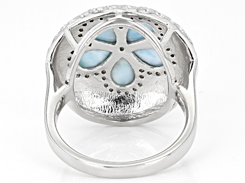 6x4mm Pear shape Larimar And 0.21ctw White Zircon Rhodium Over Sterling Silver Seashell Ring - Size 9
