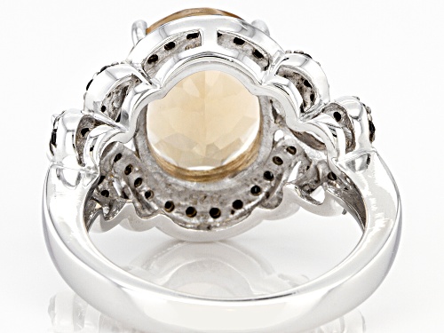 3.75ct Oval Champagne Quartz, 0.60ctw Smoky Quartz & Black Spinel Rhodium Over Sterling Silver Ring - Size 7