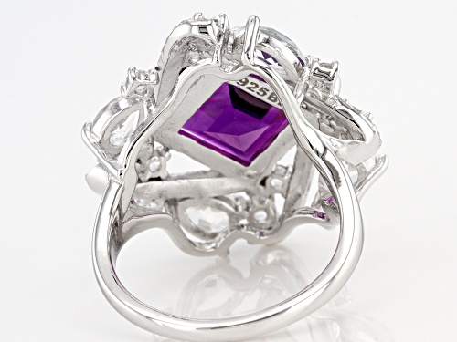 3.72ct Sqaure African Amethyst With 2.36ctw White Topaz Rhodium Over Sterling Silver Ring - Size 10