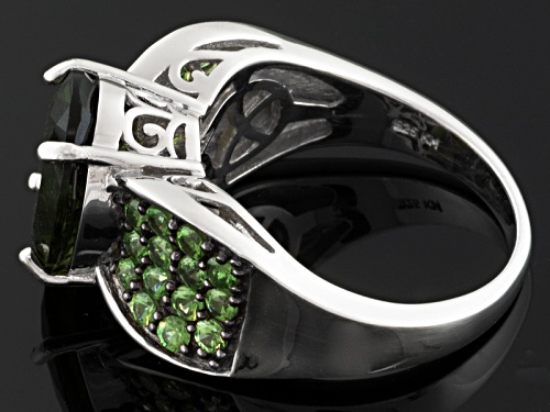 3.00ct Oval Moldavite With .80ctw Round Mint Tsavorite Rhodium Over Sterling Silver Ring - Size 6
