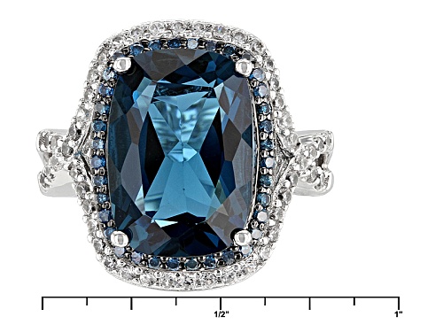 6.86ct Rectangular Cushion London Blue Topaz, .23ctw Blue Diamond, .60ctw White Zircon Silver Ring - Size 12