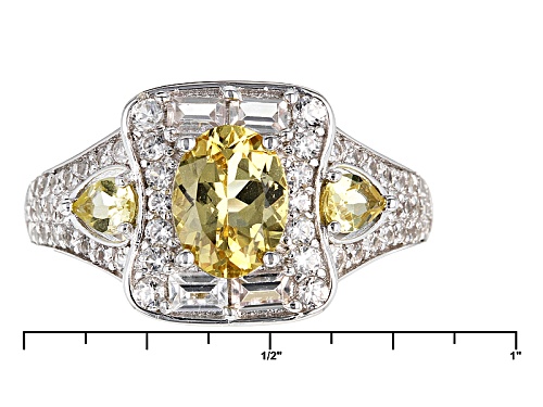 1.32ctw Oval And Pear Shape Yellow Apatite With 1.32ctw Round And Baguette White Zircon Silver Ring - Size 11