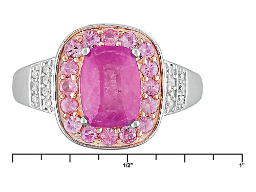 2.08ctw Rectangular Cushion & Round Pink Mahaleo® Sapphire, .08ctw Round White Zircon Silver Ring - Size 11