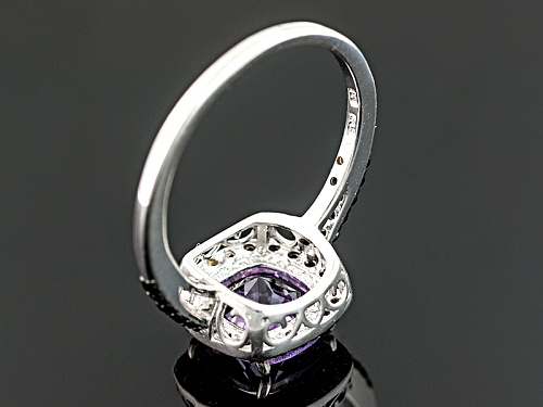 2.10ct Square Cushion Amethyst With .39ctw Round Black Spinel Rhodium Over Sterling Silver Ring - Size 9