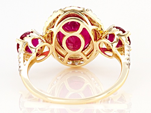 4.00ctw Oval and Round Mahaleo® Ruby with .40ctw Round White Zircon 10k Yellow Gold 3-Stone Ring - Size 7