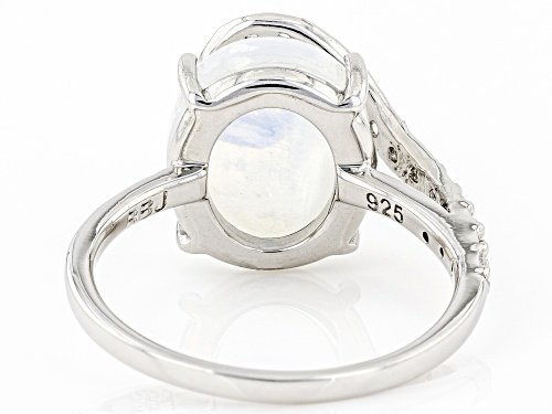 12x10mm Oval Rainbow Moonstone And 0.13ctw White Zircon Rhodium Over Sterling Silver Ring - Size 9
