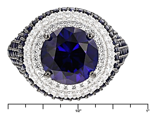 Bella Luce® 9.04ctw Blue Sapphire & White Diamond Simulants Black & White Rhodium Over Silver Ring - Size 7