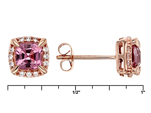 1.40ctw Sqaure Cushion Burmese Pink Spinel With .07ctw Round White Zircon 10k Rose Gold Earrings.