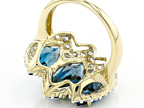6.65ctw Marquise London Blue Topaz And 1.58ctw Round White Zircon 14k Yellow Gold 3-Stone Ring - Size 8