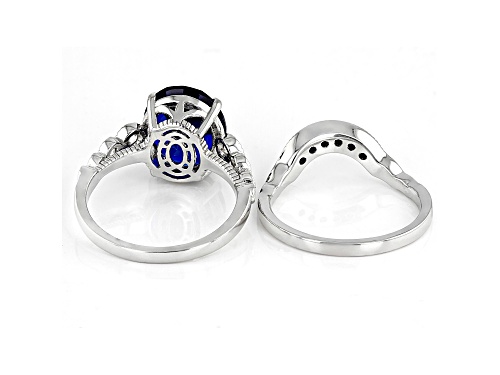 4.03ctw Lab Created Blue Spinel With 0.36ctw White Zircon Rhodium Over Sterling Silver Ring Set - Size 8