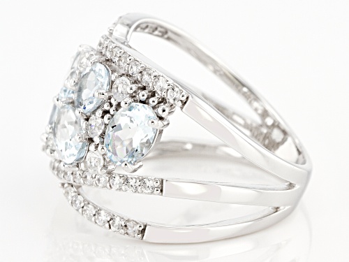 1.50ctw Oval and .20ct Round Aquamarine with .65ctw White Zircon Rhodium Over Sterling Silver Ring - Size 7