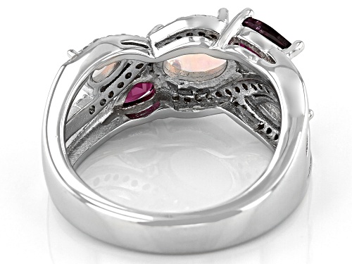 0.92ctw Ethiopian Opal, 0.84ctw Rhodolite Garnet With 0.75ctw White Zircon Rhodium Over Silver Ring - Size 7
