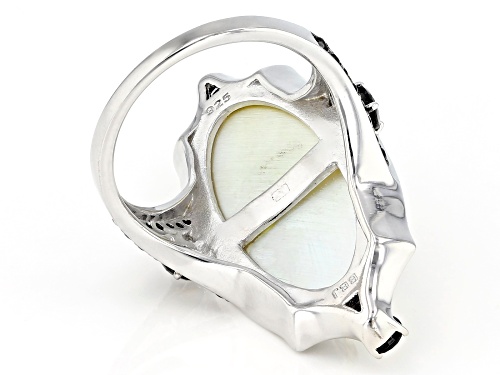 Oval Mother-of-Pearl with 3.05ctw Multi Shaped Black Spinel Rhodium Over Sterling Silver Ring - Size 6