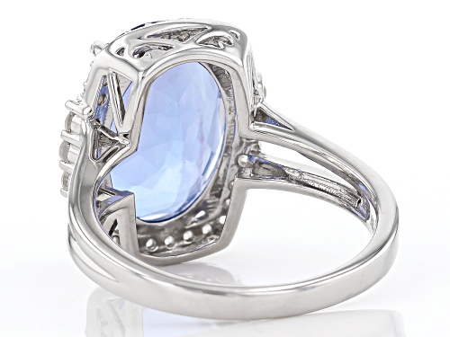5.76ct Blue Color Shift Fluorite and .61ctw White Zircon Rhodium Over Sterling Silver Ring - Size 8