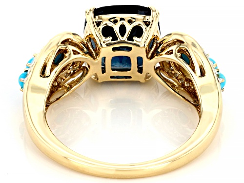 3.10ct London Blue Topaz with Sleeping Beauty Turquoise & 0.17ctw White Topaz 10k Yellow Gold Ring - Size 8