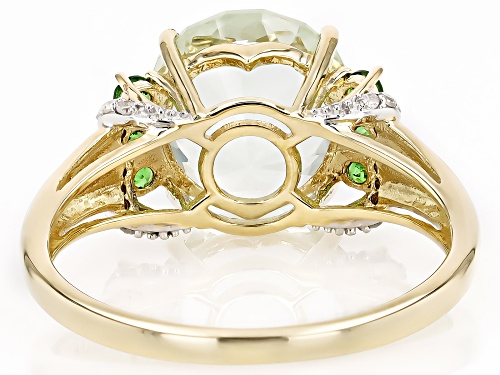 3.21ct Prasiolite With 0.20ctw Tsavorite With 0.08ctw White Diamond 10k Yellow Gold Ring - Size 8
