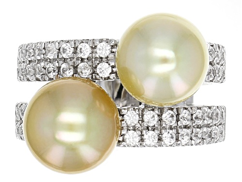 8-9mm Golden Cultured South Sea Pearl & White Zircon Rhodium Over Sterling Silver Ring - Size 9