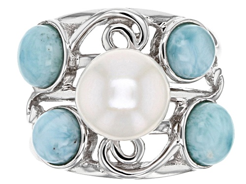 9.5-10mm White Cultured Freshwater Pearl & 2.25ctw Larimar Rhodium Over Sterling Silver Ring - Size 4