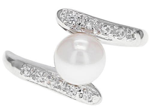 7-8mm White Cultured Japanese Akoya Pearl & White Zircon Rhodium Over Sterling Silver Ring - Size 12