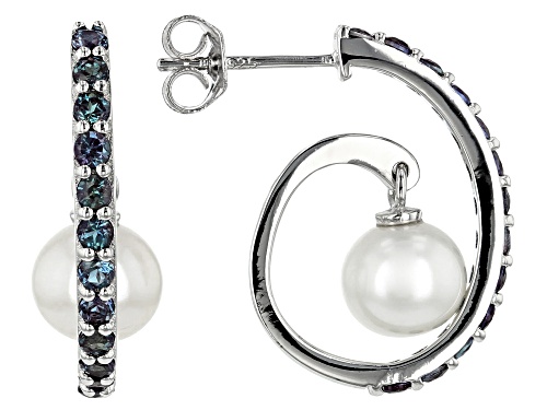 7.5-8mm Cultured Freshwater Pearl & 1.12ctw Lab Created Alexandrite Rhodium over Silver Earrings