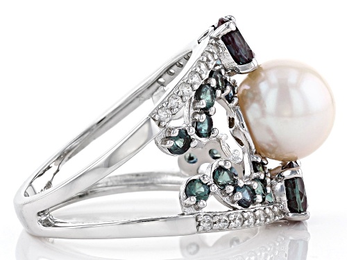 8.5-9mm White Cultured Freshwater Pearl Lab Created Alexandrite & Zircon Rhodium over Silver Ring - Size 12