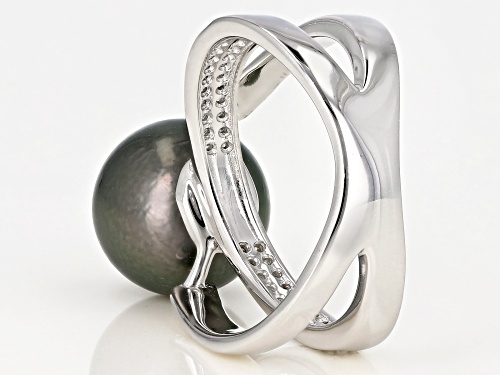 10-11mm Cultured Tahitian Pearl With 0.28ctw White Topaz Rhodium over Sterling Silver Ring - Size 9