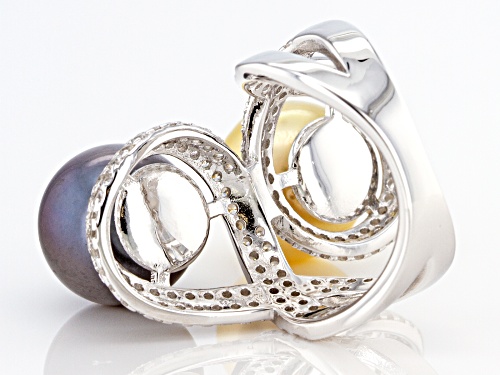 12mm Golden Cultured South Sea & 12mm Tahitian Pearl With White Zircon Rhodium Over Silver Ring - Size 12