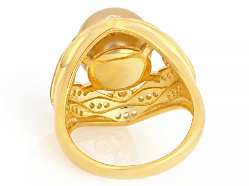 10mm Golden Cultured South Sea Pearl With Zircon 18k Yellow Gold Over Sterling Silver Ring - Size 12