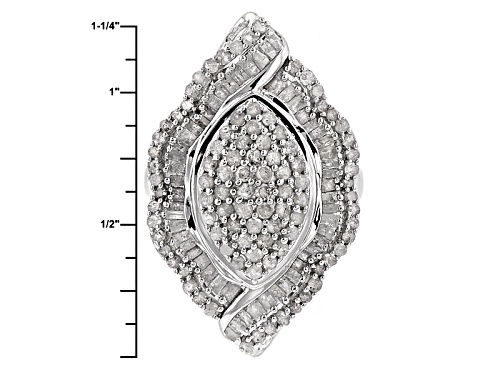 2.00ctw Round And Baguette White Diamond Rhodium Over Sterling Silver Cluster Ring - Size 5