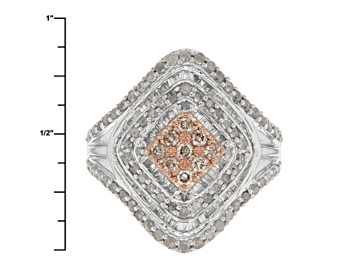1.38ctw Round Champagne And White Diamond Rhodium Over Sterling Silver Cluster Ring - Size 5