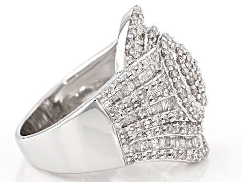 1.63ctw Round And Baguette White Diamond Rhodium Over Sterling Silver Cluster Ring - Size 5
