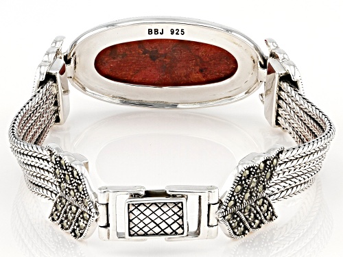 32x16mm Oval Cabochon Sponge Red Coral With Round Marcasite Sterling Silver Bracelet - Size 8