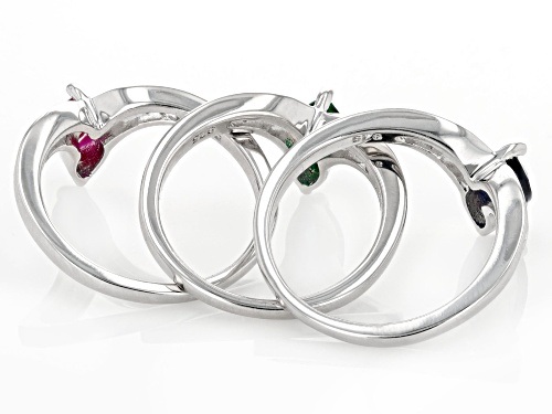 .48ct Lab Emerald, .55ct Lab ruby, .84ctw Lab Blue & Lab White Sapphire Rhodium Over Silver Ring Set - Size 7