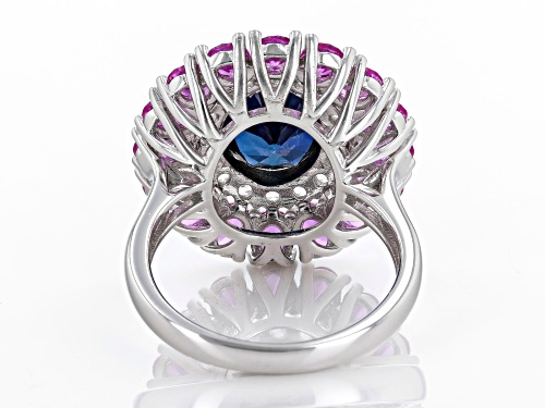 2.55ct Oval Lab Blue Sapphire,2.99ctw Lab Pink And Lab White Sapphire Rhodium Over Silver Ring - Size 6