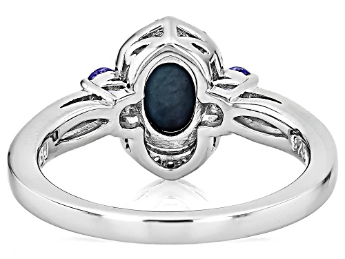 8x6mm Oval Blue Star Sapphire, .29ctw Tanzanite With .17ctw White Zircon Rhodium Over Silver Ring - Size 6