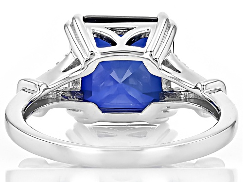 4.89ct Asscher Cut Lab Created Blue Sapphire, 0.06ctw White Zircon Rhodium Over Sterling Silver Ring - Size 8