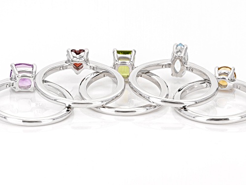 2.80ctw Mixed Shapes Multi-Gemstone Rhodium Over Sterling Silver Ring Set - Size 9
