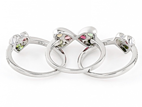 1.02ctw Round Multicolor Tourmaline With .15ctw Zircon Rhodium Over Silver Stackable Ring Set - Size 7