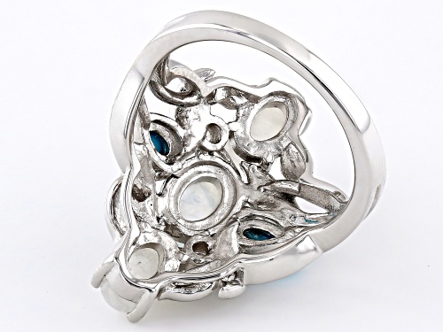 Rainbow Moonstone, Sleeping Beauty Turquoise With .09ctw Zircon Rhodium Over Silver Ring - Size 6